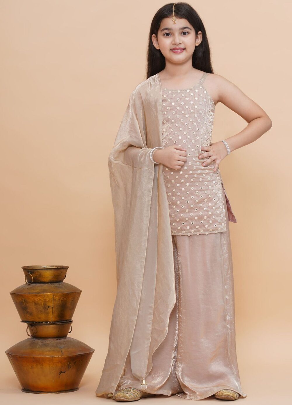 Beige Mirror Work Tissue Short Kurti with Palazzo & Dupatta - Image 3