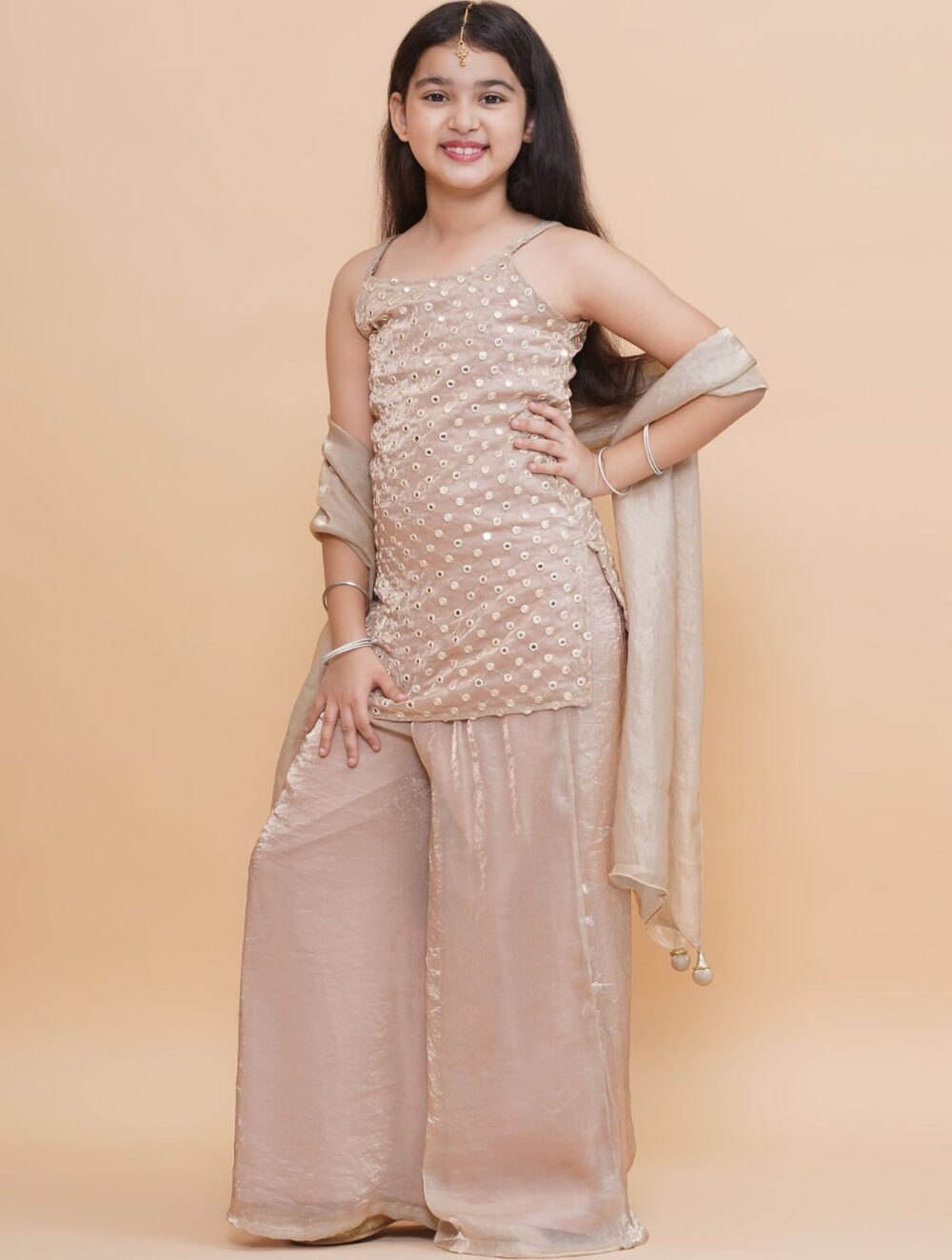 Beige Mirror Work Tissue Short Kurti with Palazzo & Dupatta - Image 2