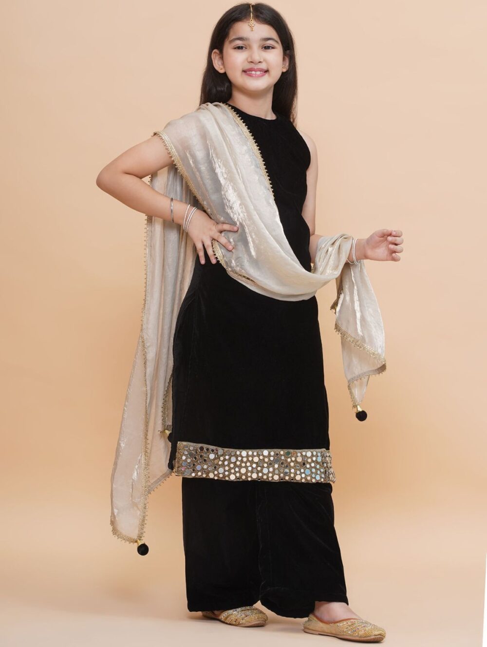 Black Velvet Kurti and palazzo pants with Tissue dupatta