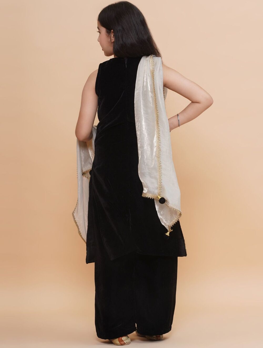 Black Velvet Kurti and palazzo pants with Tissue dupatta - Image 3