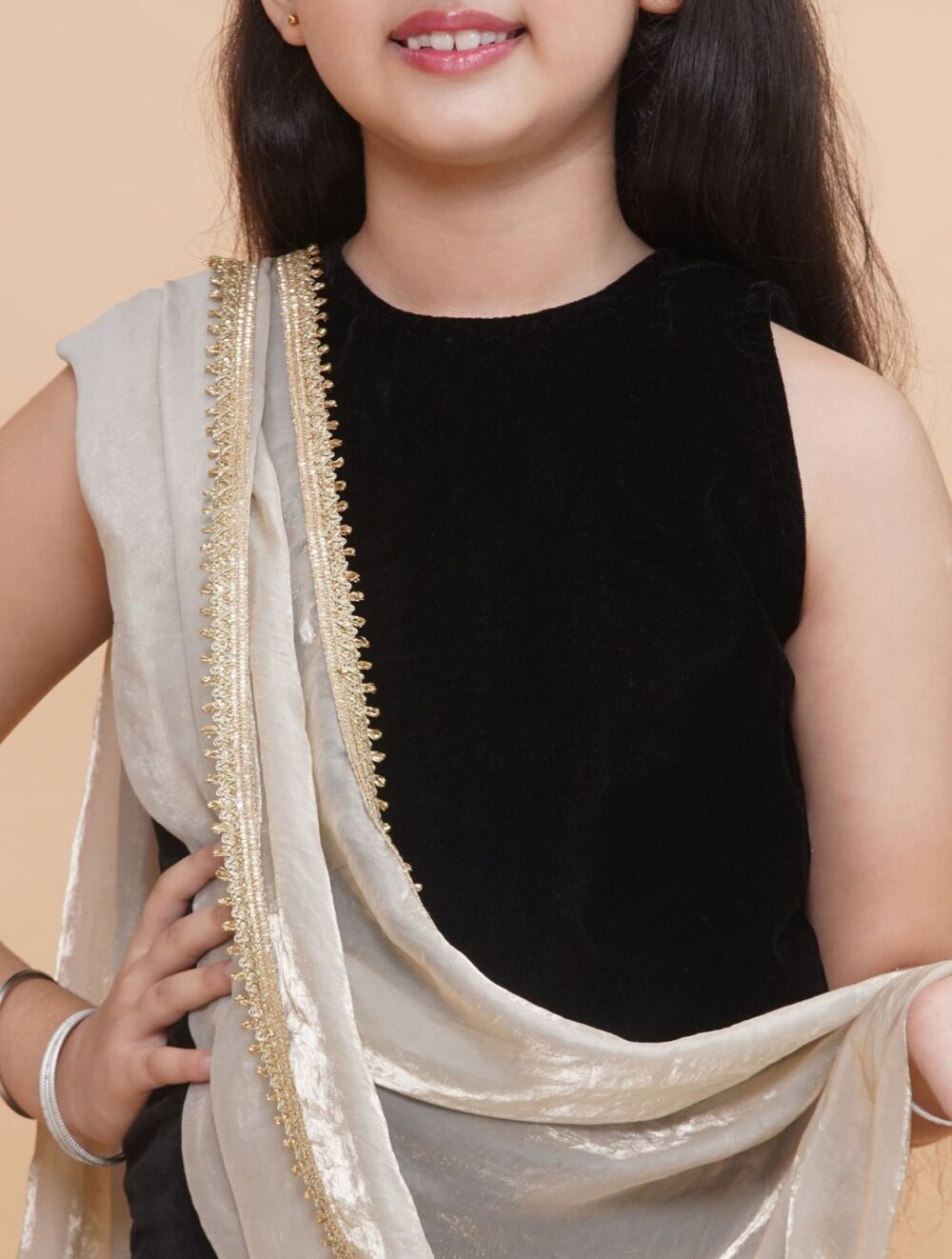 Black Velvet Kurti and palazzo pants with Tissue dupatta - Image 4