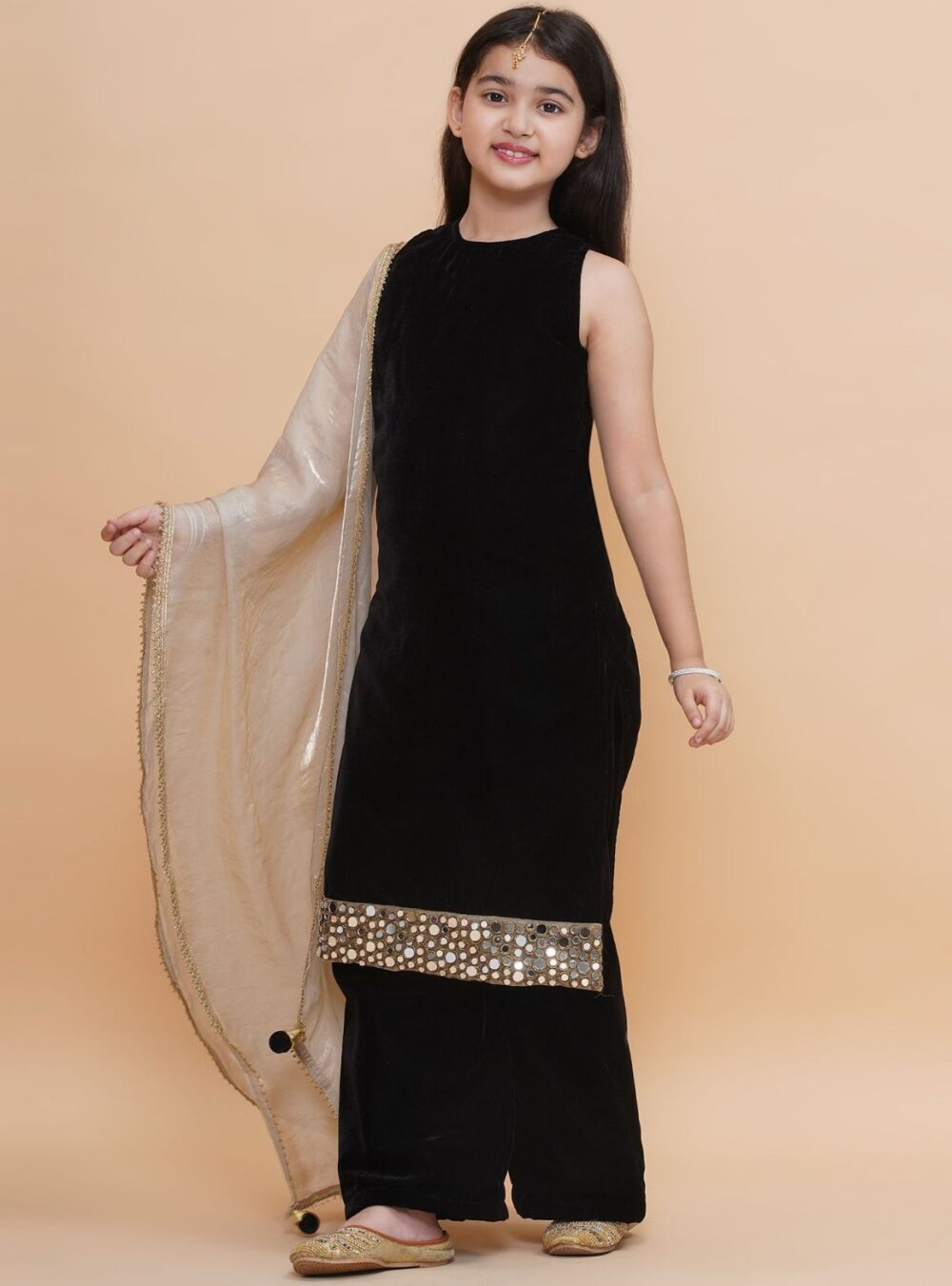 Black Velvet Kurti and palazzo pants with Tissue dupatta - Image 2