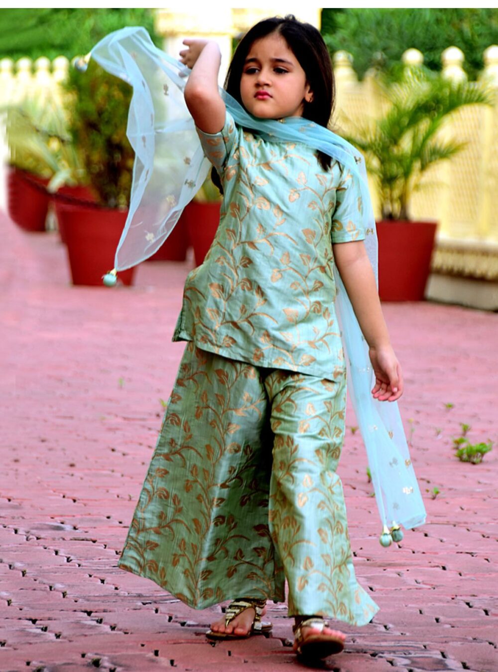 Pista Green leaf printed Kurta with palazzo and dupatta - Image 2