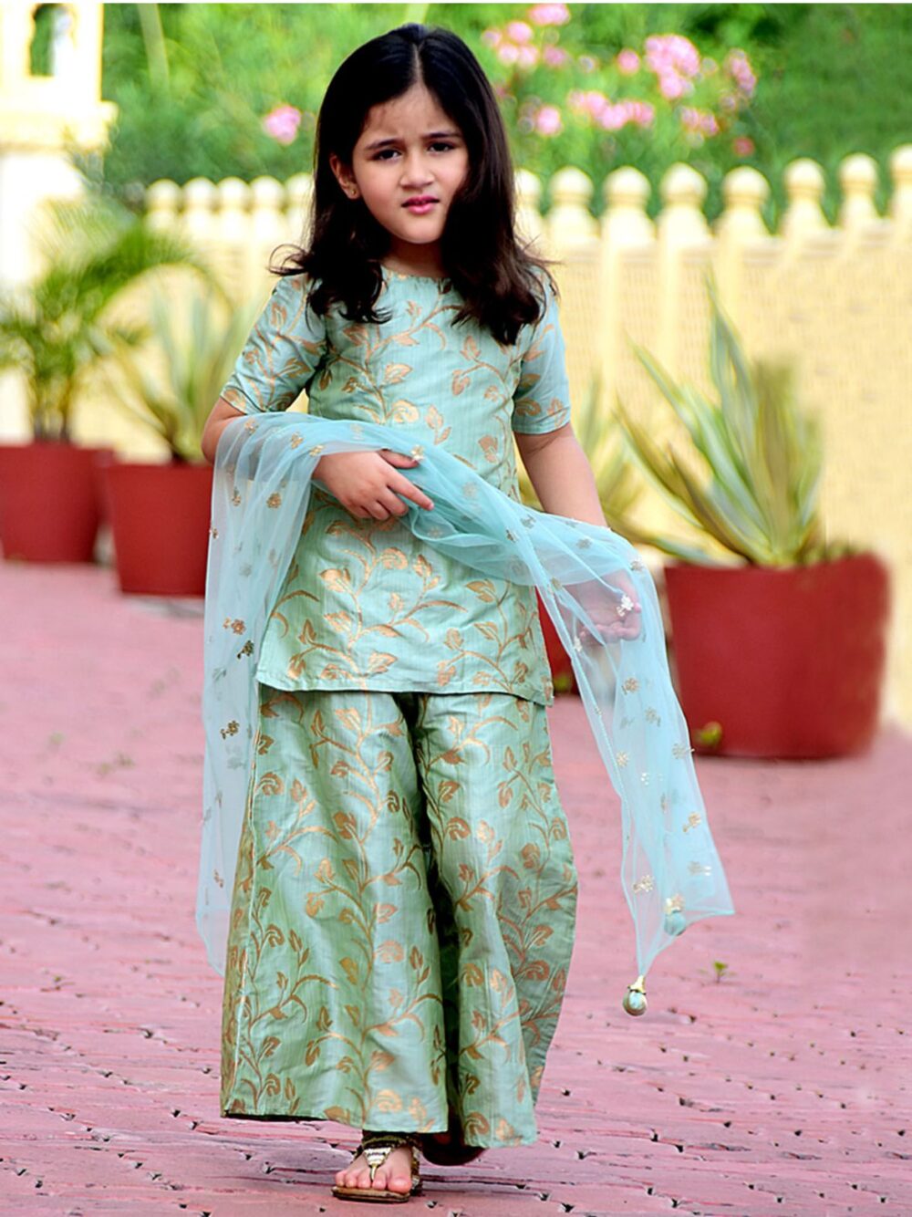 Pista Green leaf printed Kurta with palazzo and dupatta