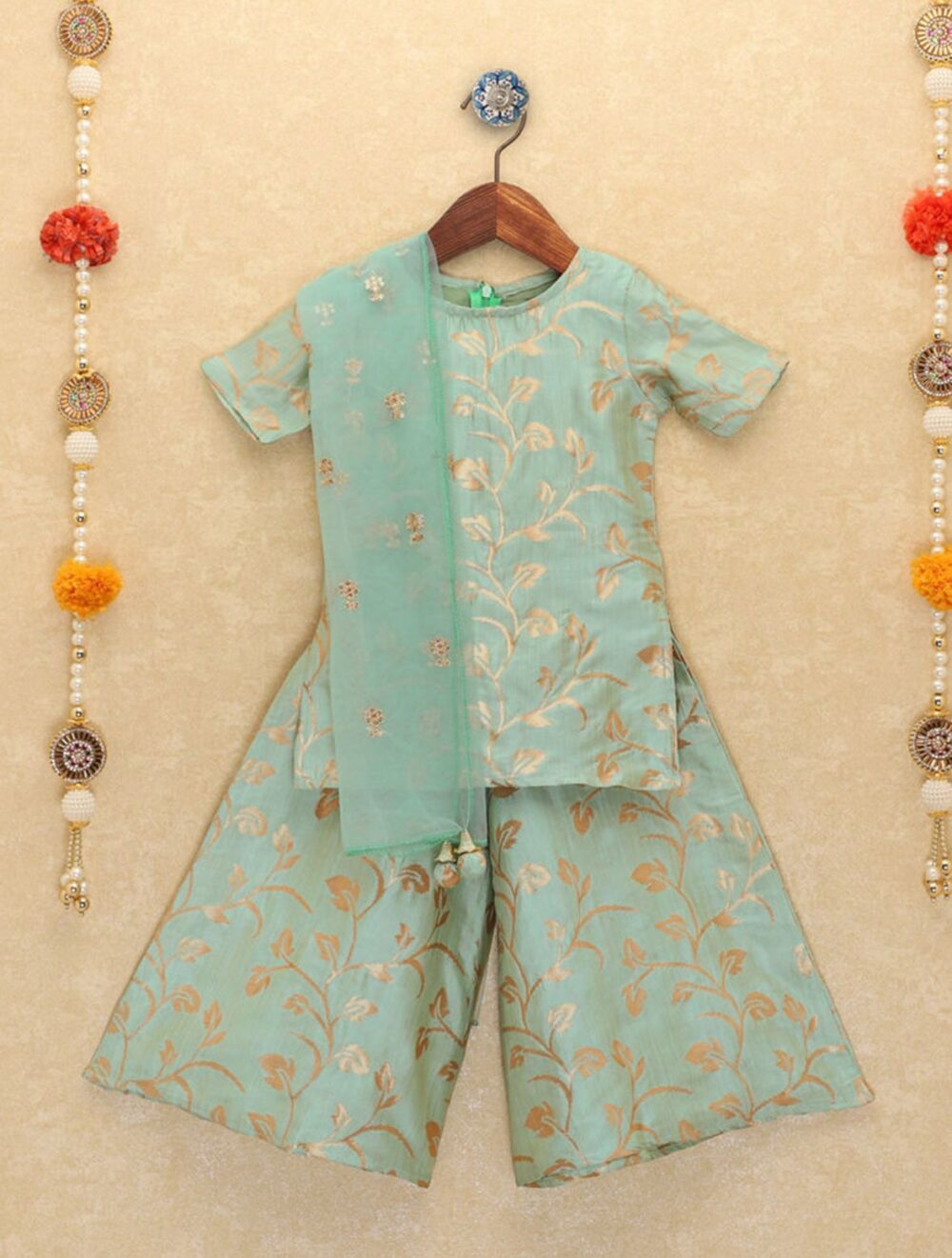 Pista Green leaf printed Kurta with palazzo and dupatta - Image 3