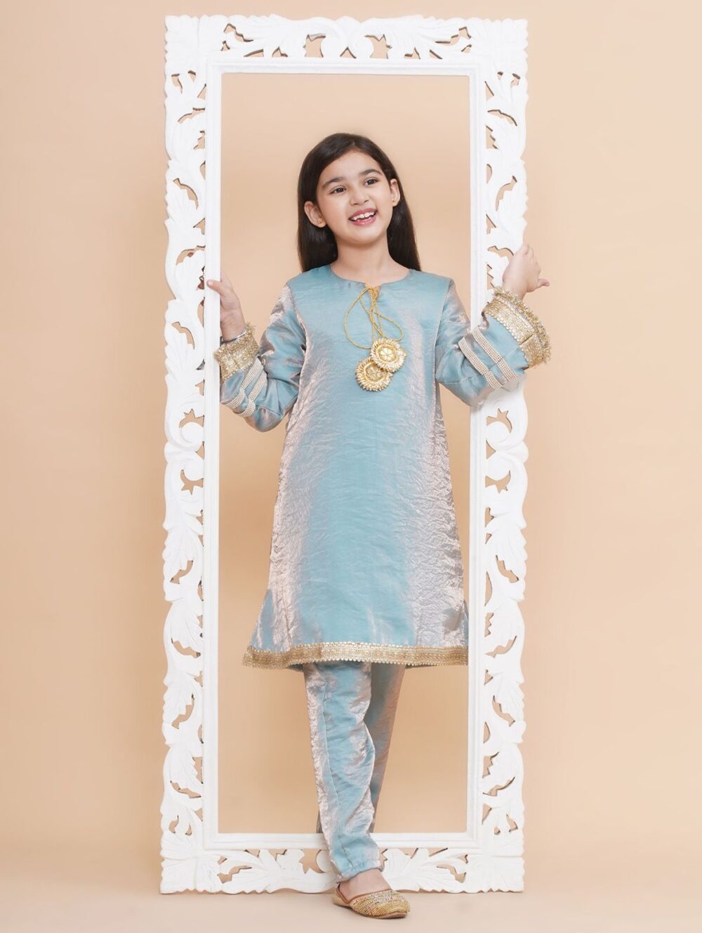 Blue and gold toned Gotapatti Kurti with Trousers - Image 4