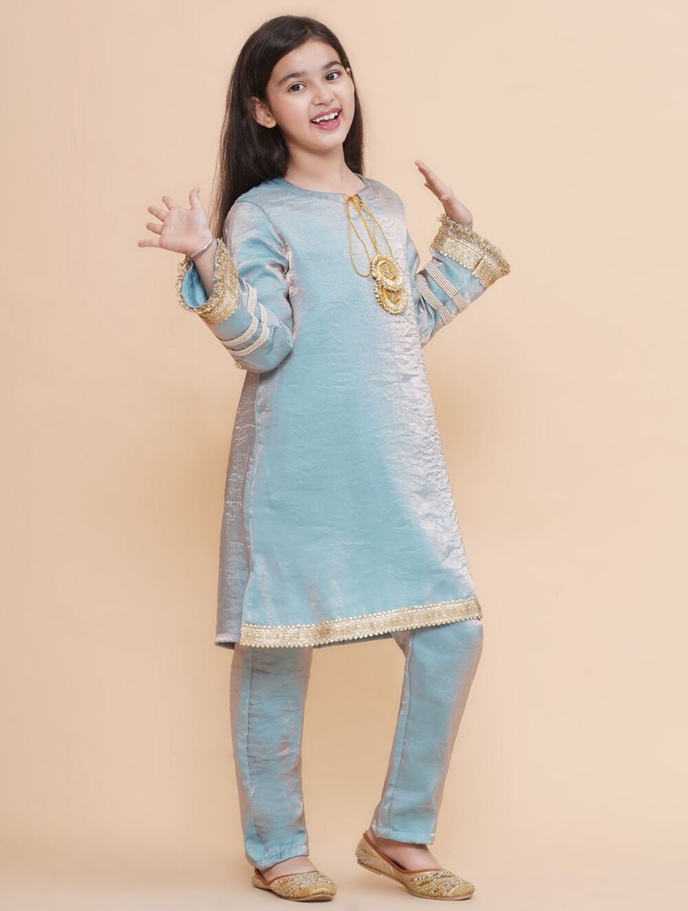 Blue and gold toned Gotapatti Kurti with Trousers - Image 2