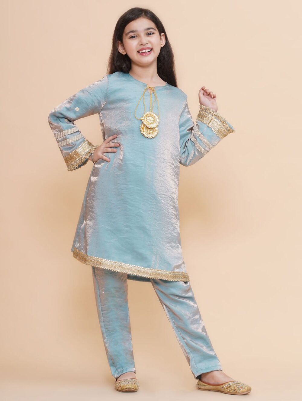 Blue and gold toned Gotapatti Kurti with Trousers