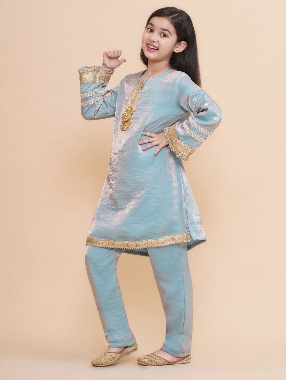 Blue and gold toned Gotapatti Kurti with Trousers - Image 3