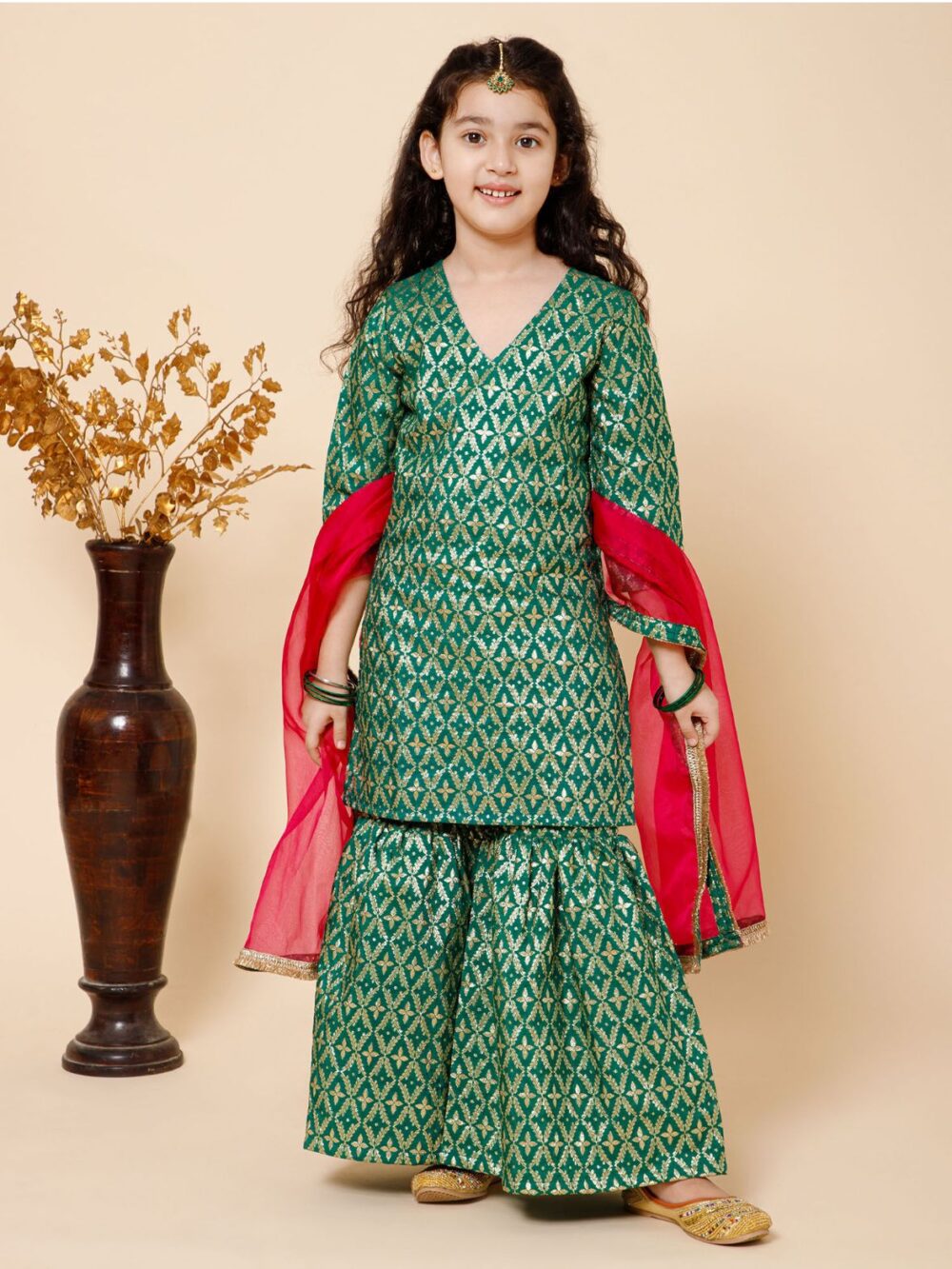 Green and Red Brocade Kurti Sharara with Organza Dupatta