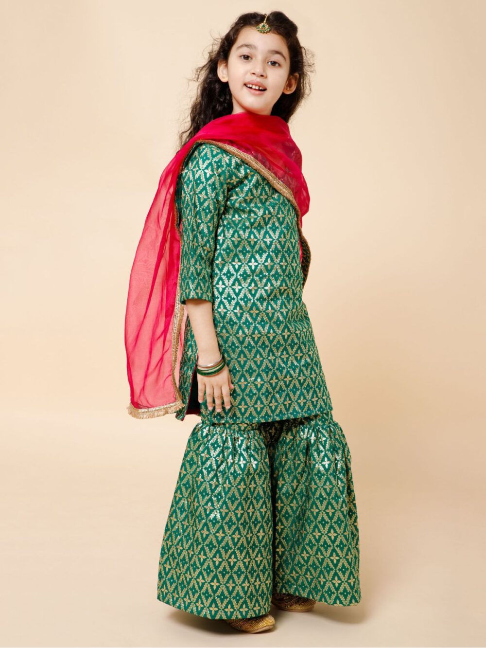 Green and Red Brocade Kurti Sharara with Organza Dupatta - Image 2