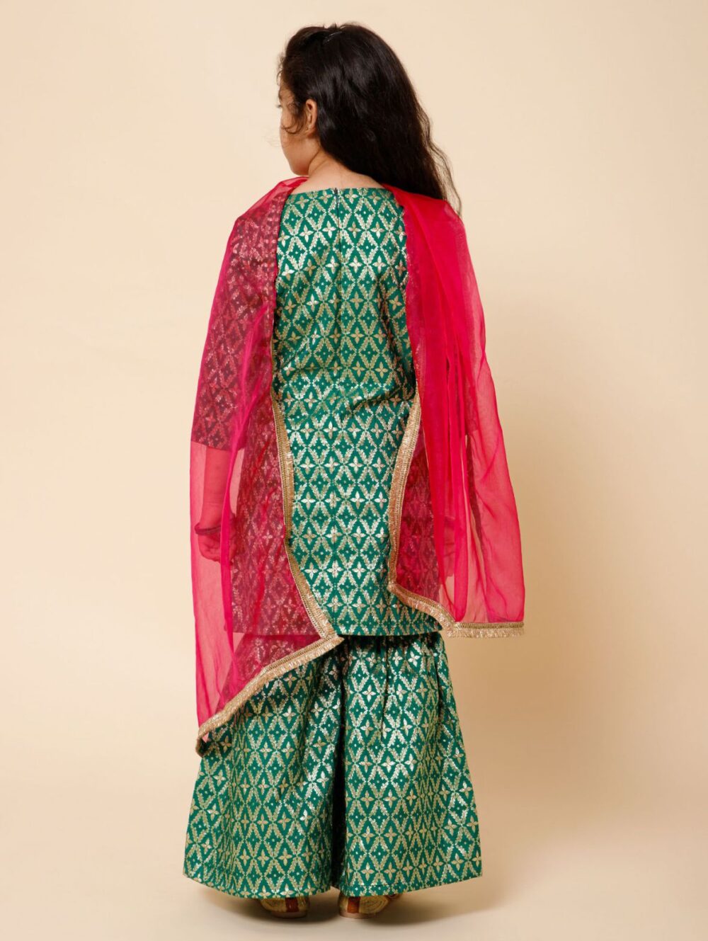 Green and Red Brocade Kurti Sharara with Organza Dupatta - Image 3