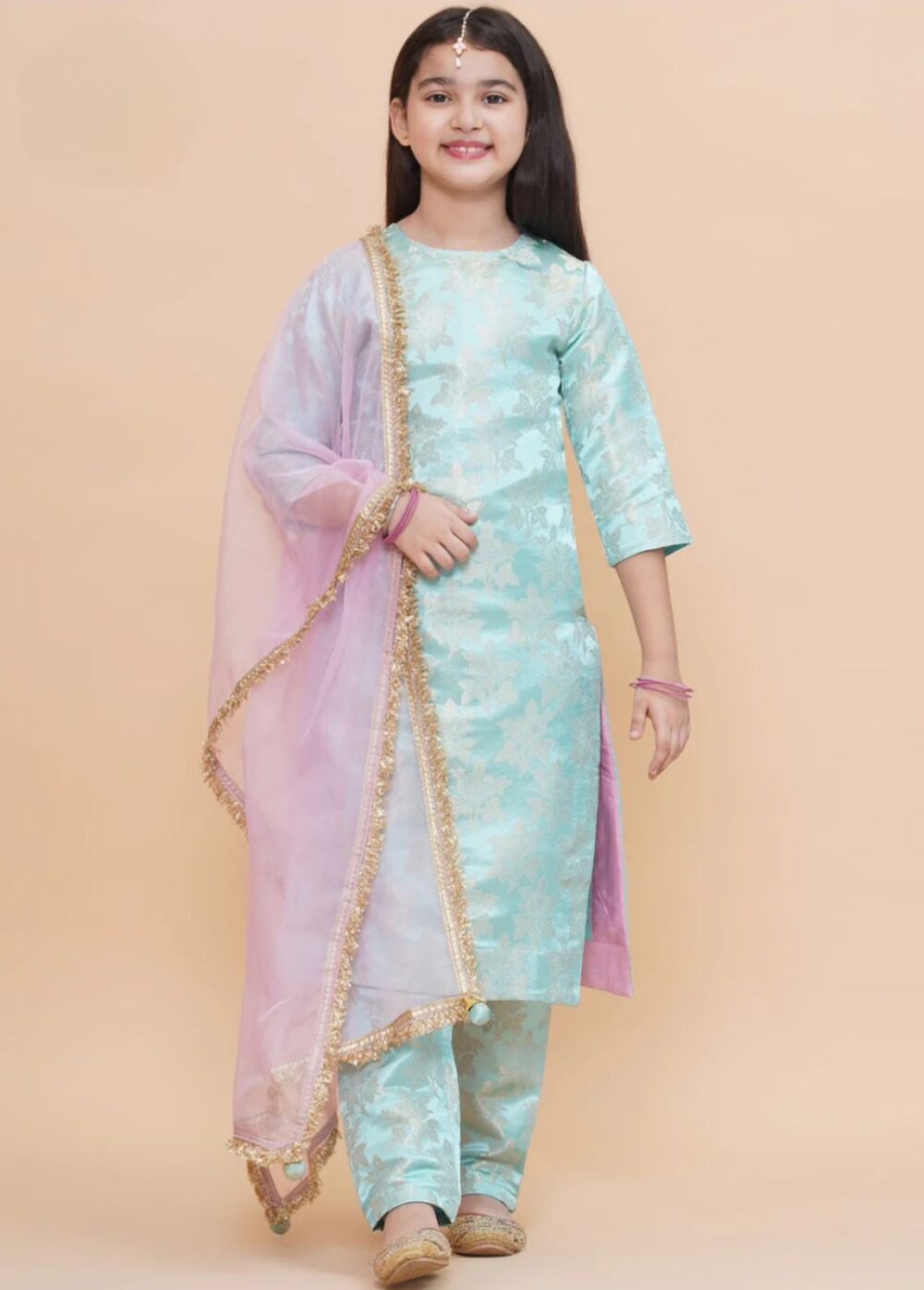 Blue Silk Kurta and Pant with Tissue Dupatta - Image 3