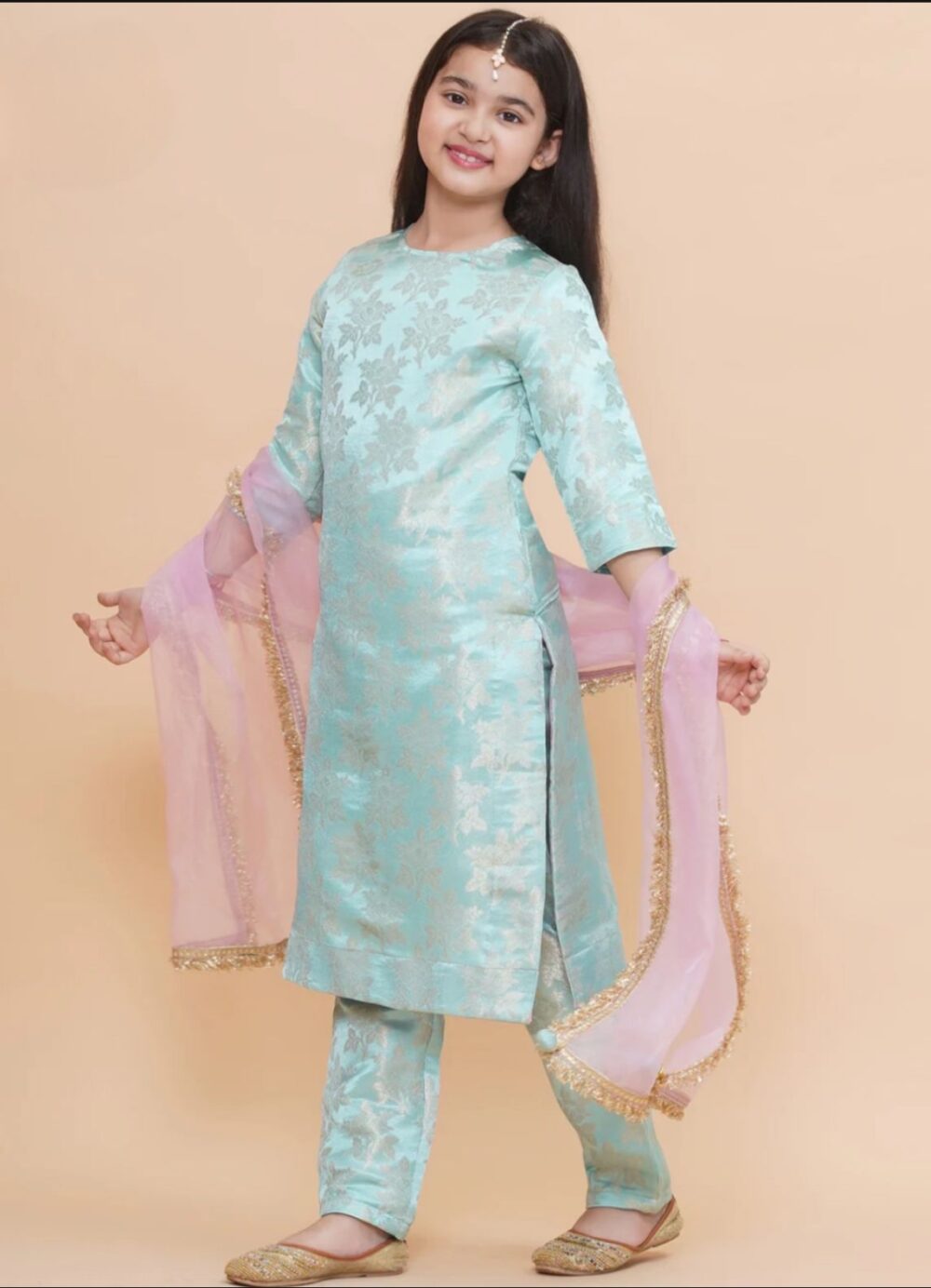 Blue Silk Kurta and Pant with Tissue Dupatta