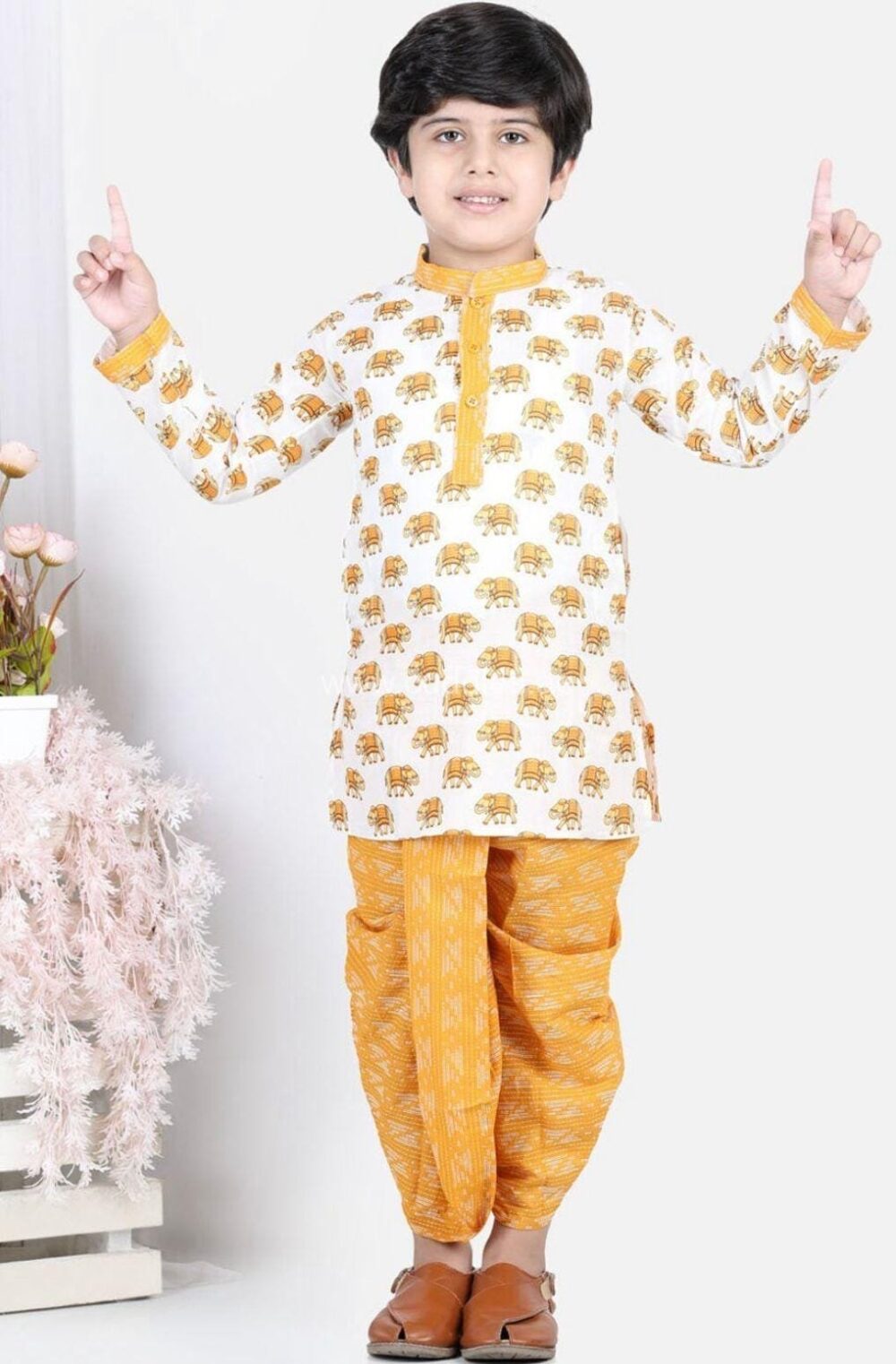 Yellow and white elephant print Kurta with Dhoti pants