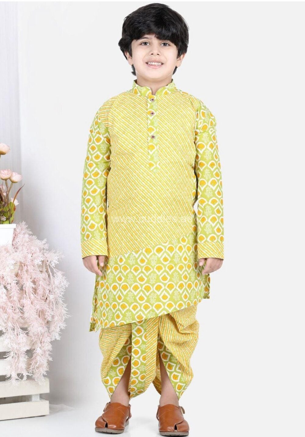 Yellow green printed Kurta with Dhoti pants