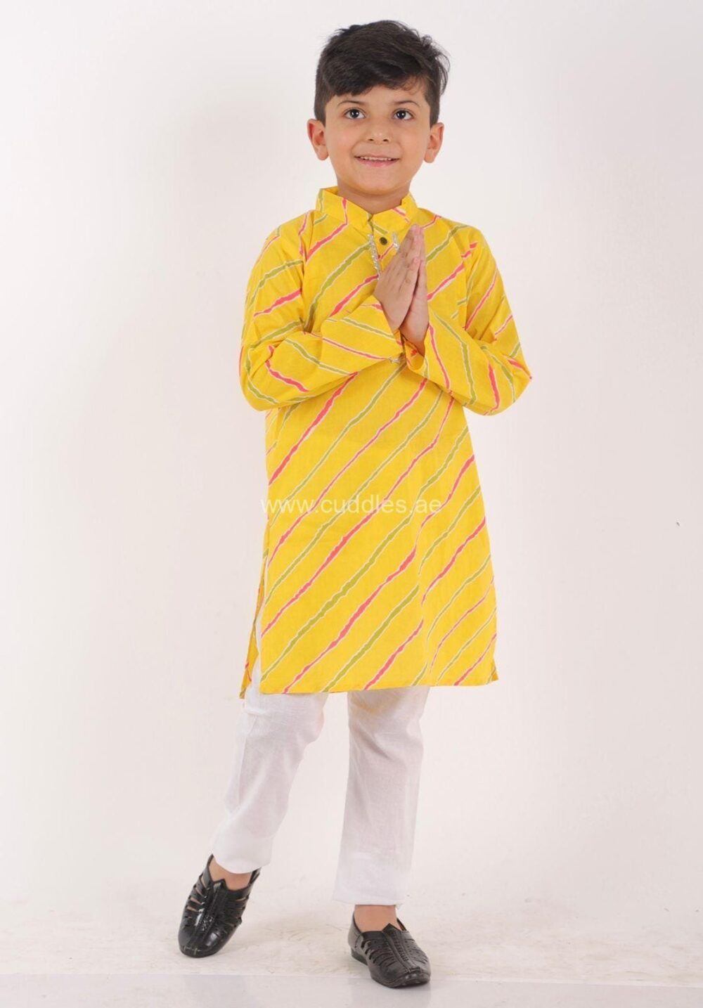 Yellow Leheriya Kurta Pajama set - Image 2