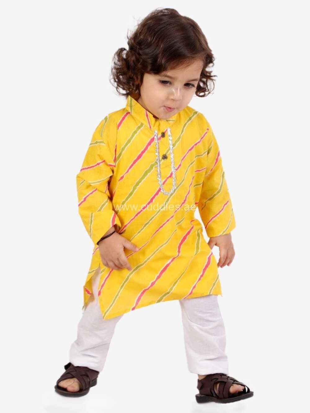 Yellow Leheriya Kurta Pajama set - Image 3