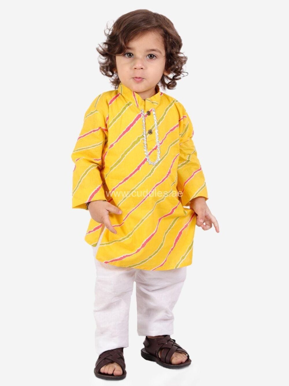 Yellow Leheriya Kurta Pajama set - Image 4