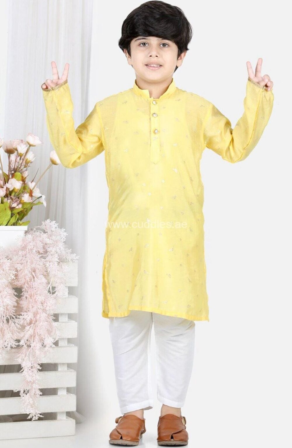 Yellow Motif printed Kurta with pajama - Image 2