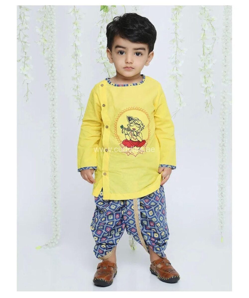 Yellow Krishna embroidered Dhoti kurta set - Image 2