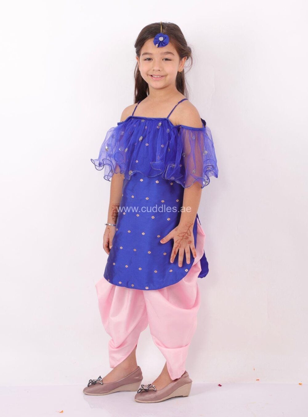 Pretty Blue and Pink Kurti with Dhoti set - Image 3