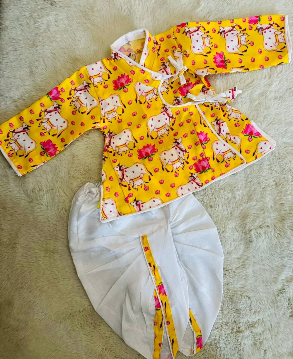 Balgopal lemon yellow cow print dhoti kurta set