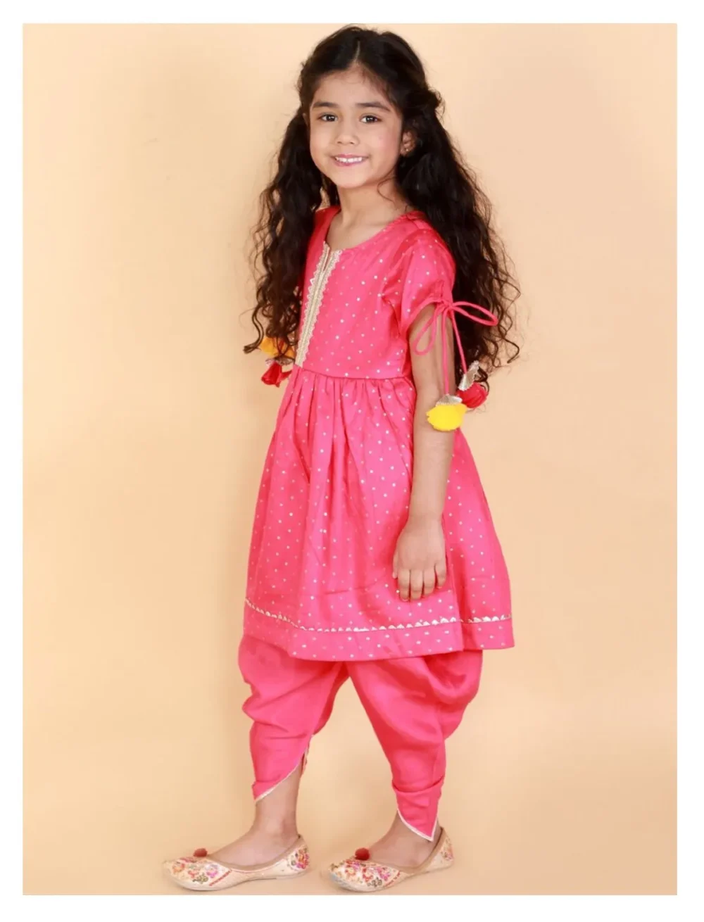 Fuchsia pink polka dots Kurti with Dhoti set