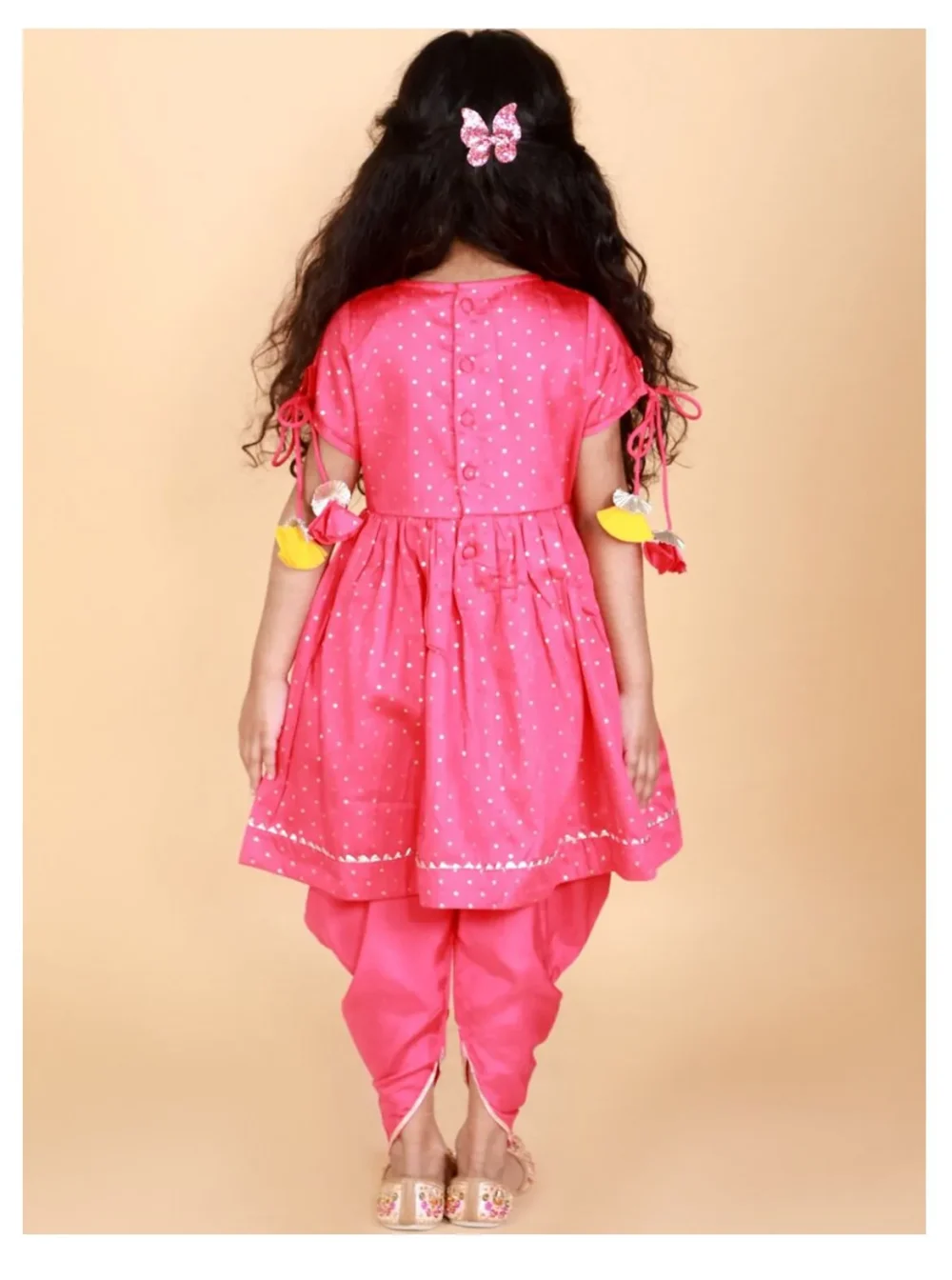 Fuchsia pink polka dots Kurti with Dhoti set - Image 2