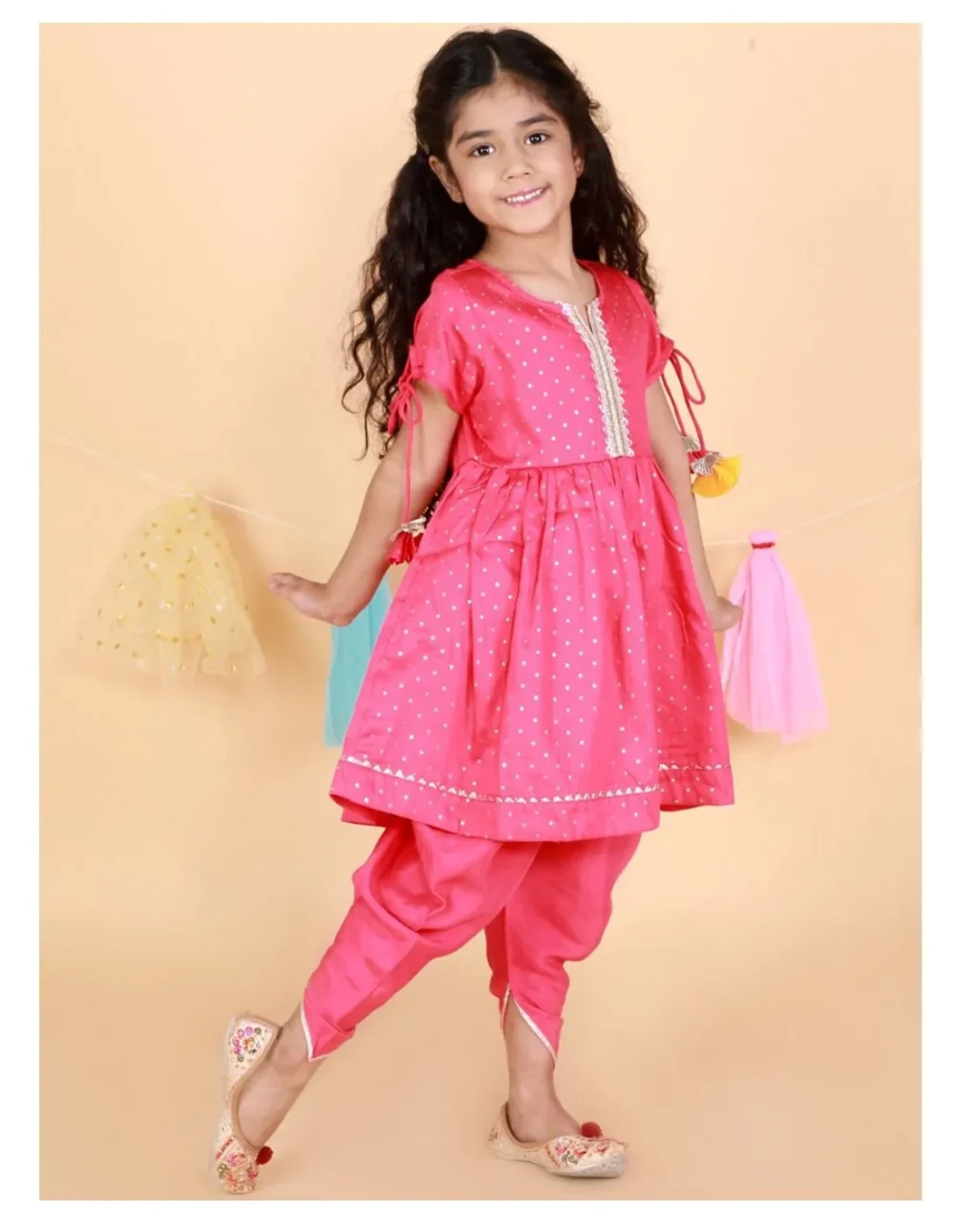 Fuchsia pink polka dots Kurti with Dhoti set - Image 3