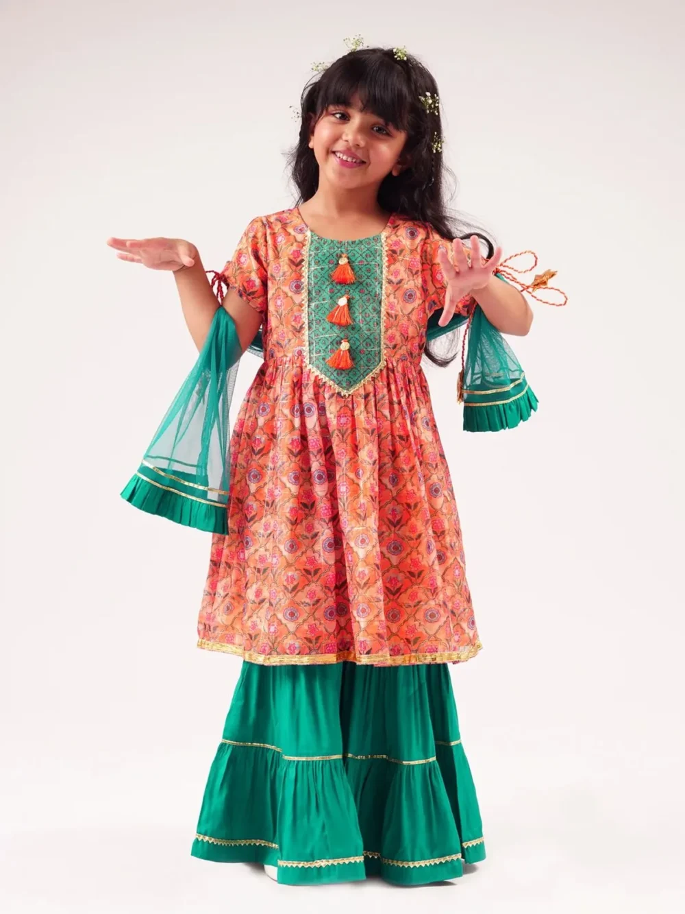 Rashi Orange and green Kurti Sharara set