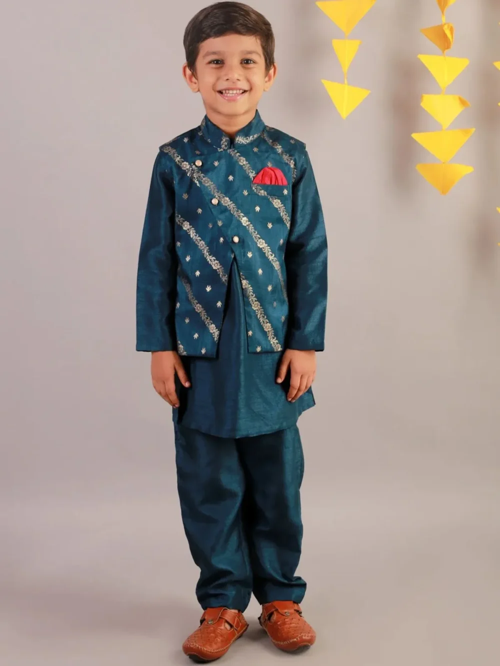 Krish teal blue Kurta pajama with Jacket - Image 2