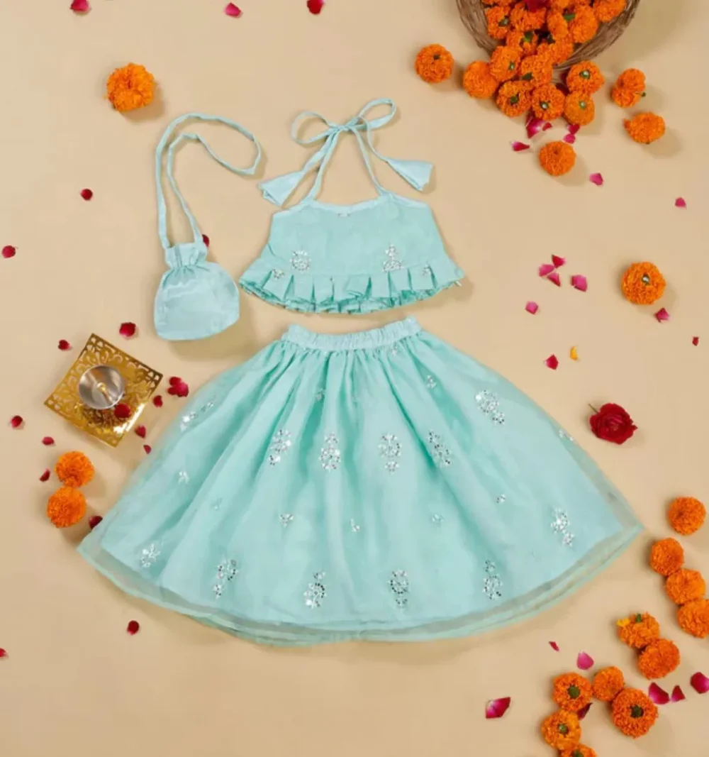 Sky blue motif embroidered Lehenga Choli with potli bag