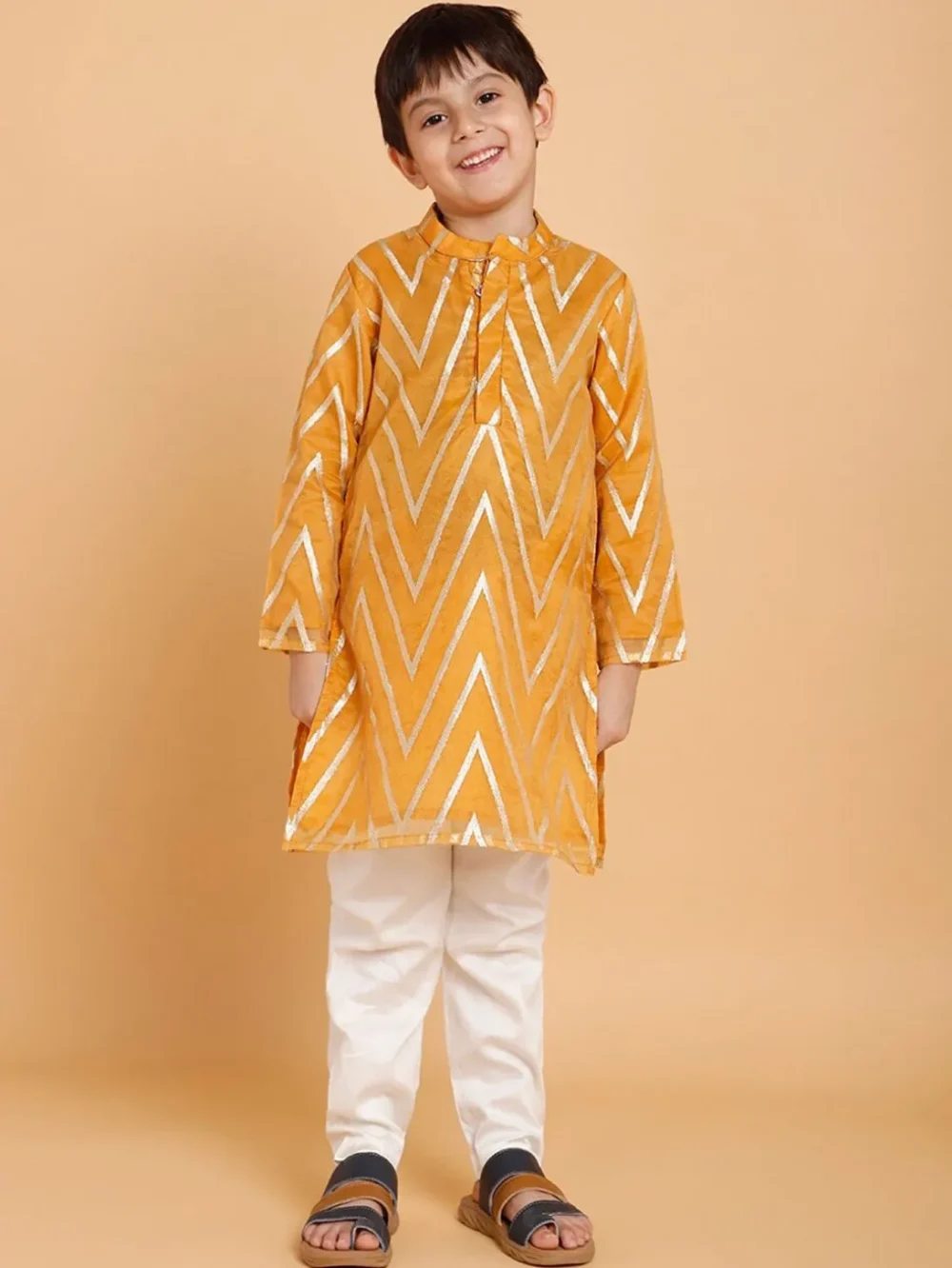 Mustard Kurta with golden print and pajama set - Image 3