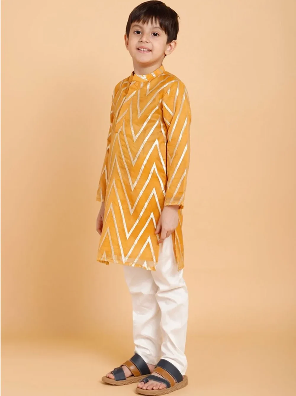 Mustard Kurta with golden print and pajama set