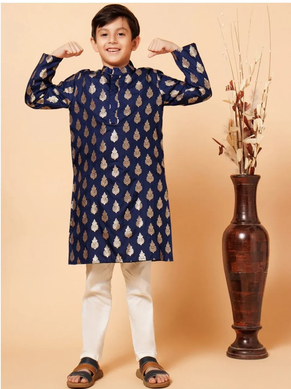 Royal blue Golden woven design Kurta pajama set