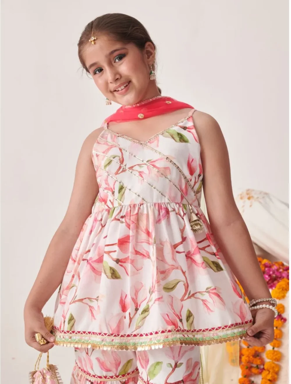 Pink and white Kurti Sharara set with Dupatta - Image 2