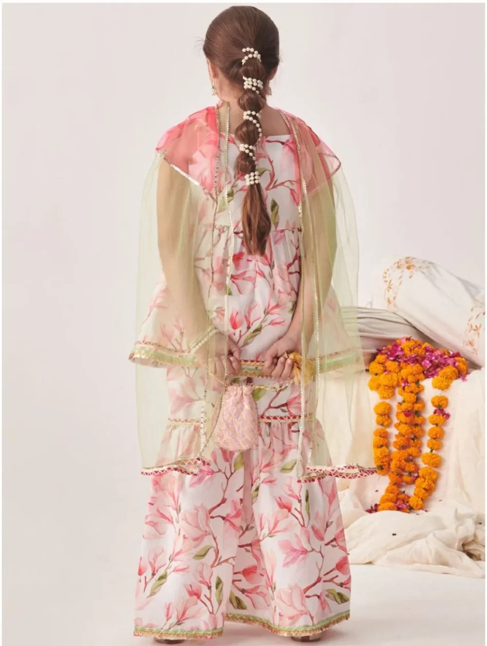 Pink and white Kurti Sharara set with Dupatta - Image 3