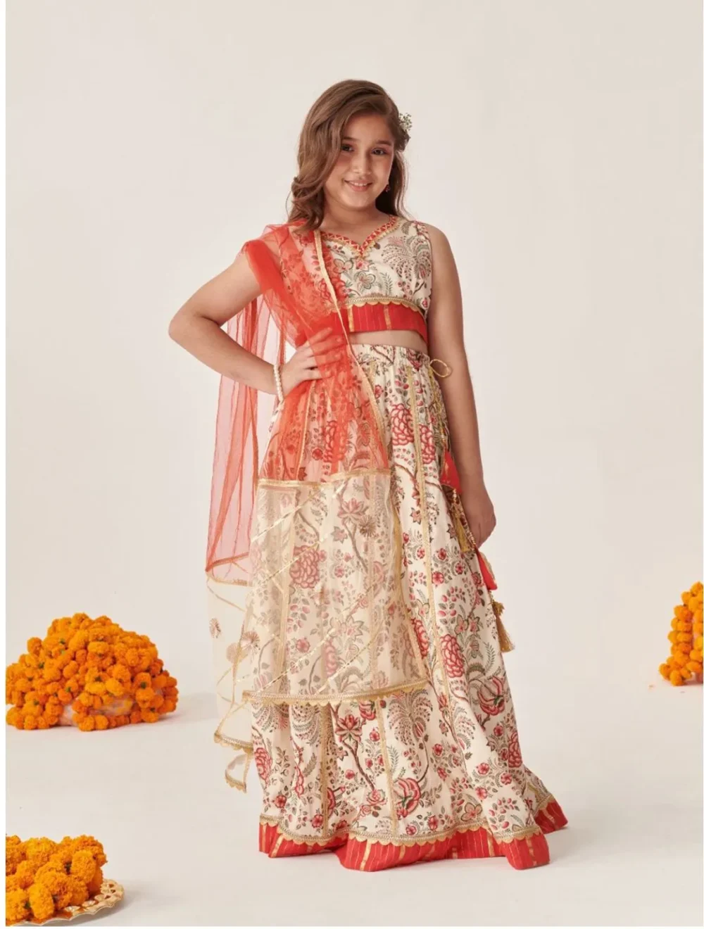 Off white red Lehenga choli set with Dupatta