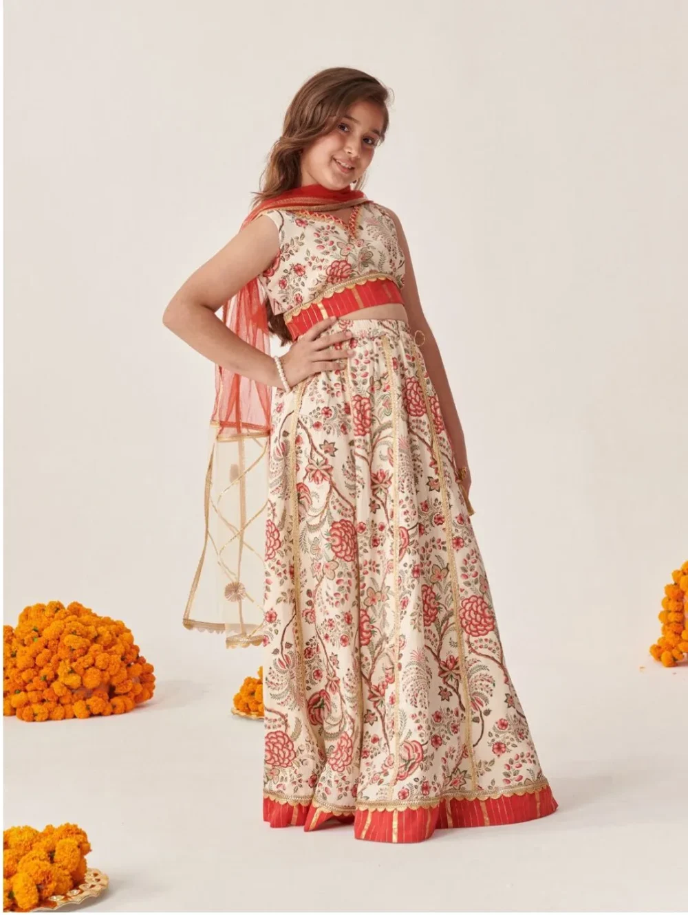 Off white red Lehenga choli set with Dupatta - Image 3