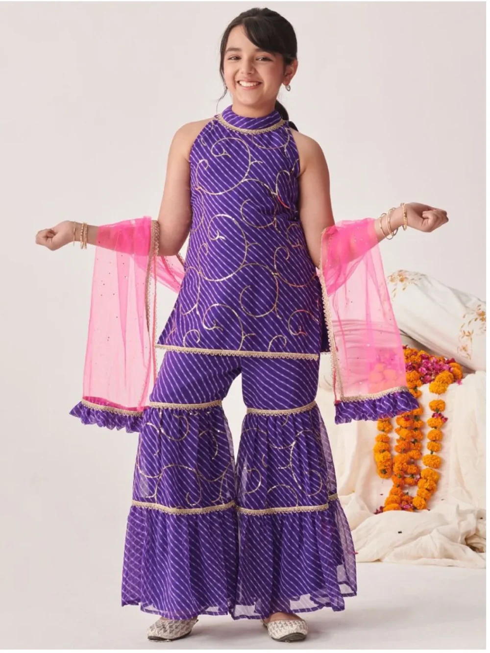 Purple printed Kurta with Sharara with dupatta - Image 2