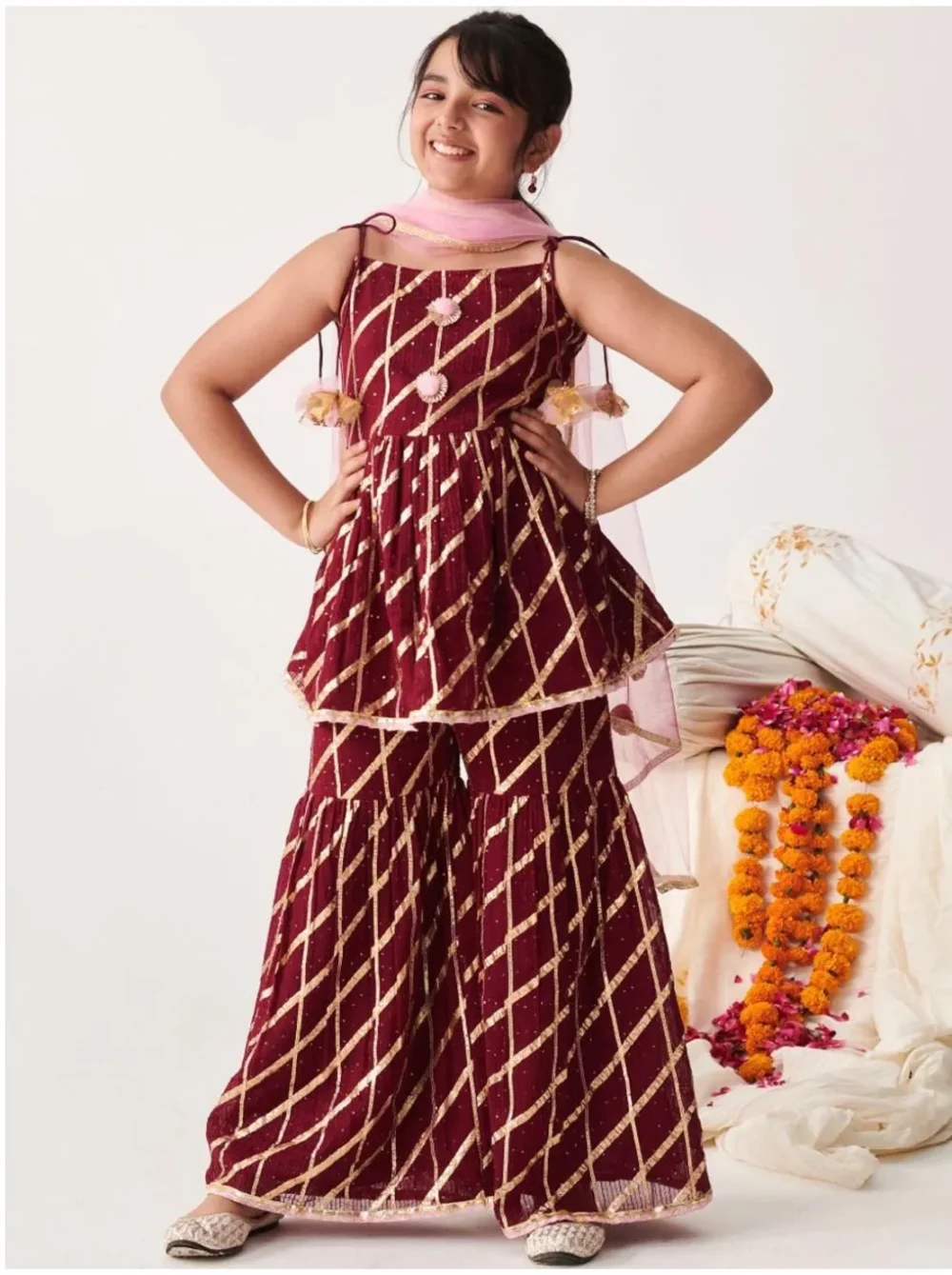 Burgundy self design Kurta with Sharara with dupatta