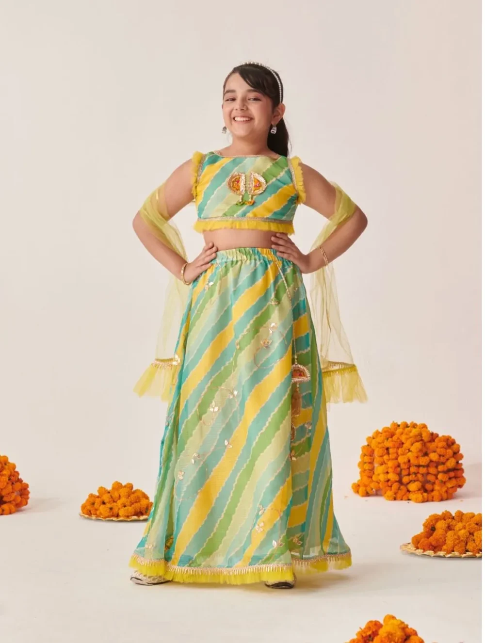 Green Yellow Leheriya Lehenga Choli with Dupatta