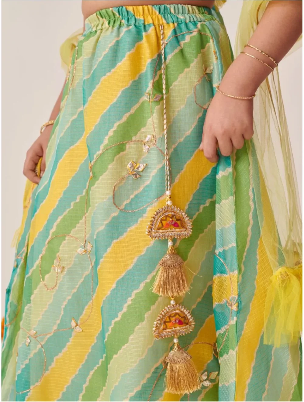 Green Yellow Leheriya Lehenga Choli with Dupatta - Image 3