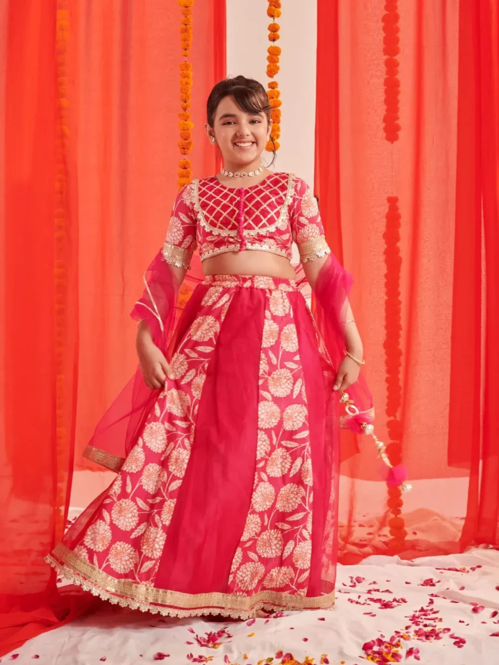 Magenta and gold toned panel Lehenga Choli with Dupatta