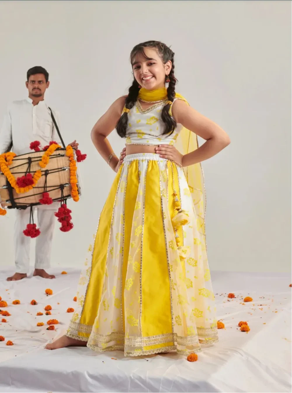 White and yellow panelled organza lehenga Choli with dupatta