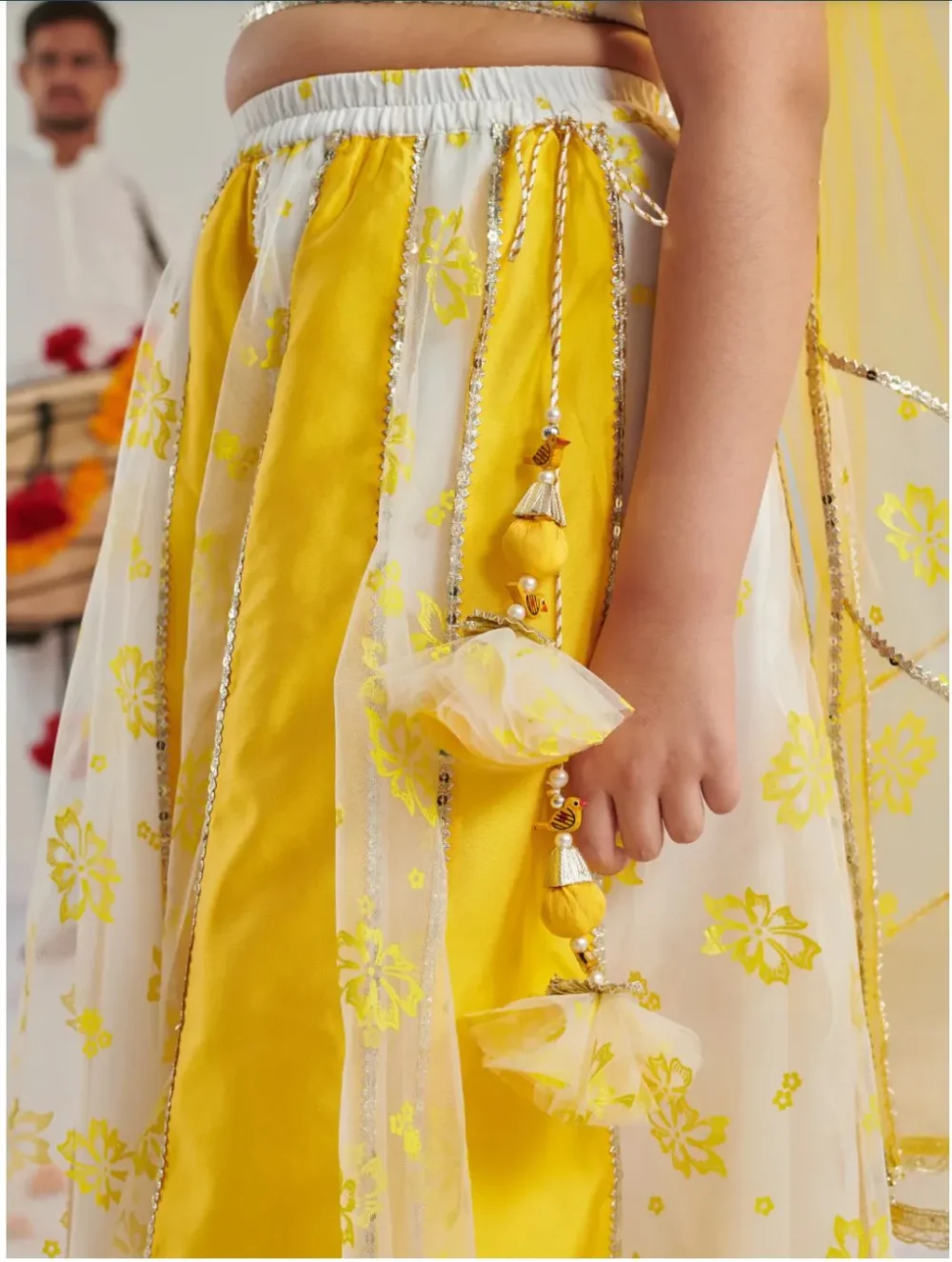 White and yellow panelled organza lehenga Choli with dupatta - Image 3