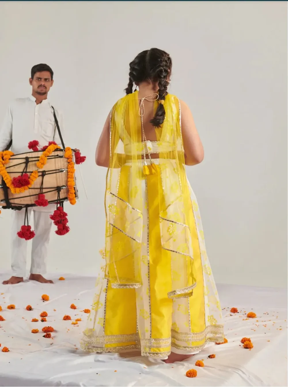 White and yellow panelled organza lehenga Choli with dupatta - Image 4