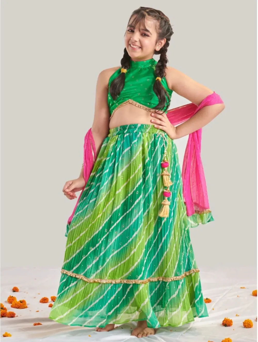 Green multicolor crinkle Lehenga Choli with Dupatta