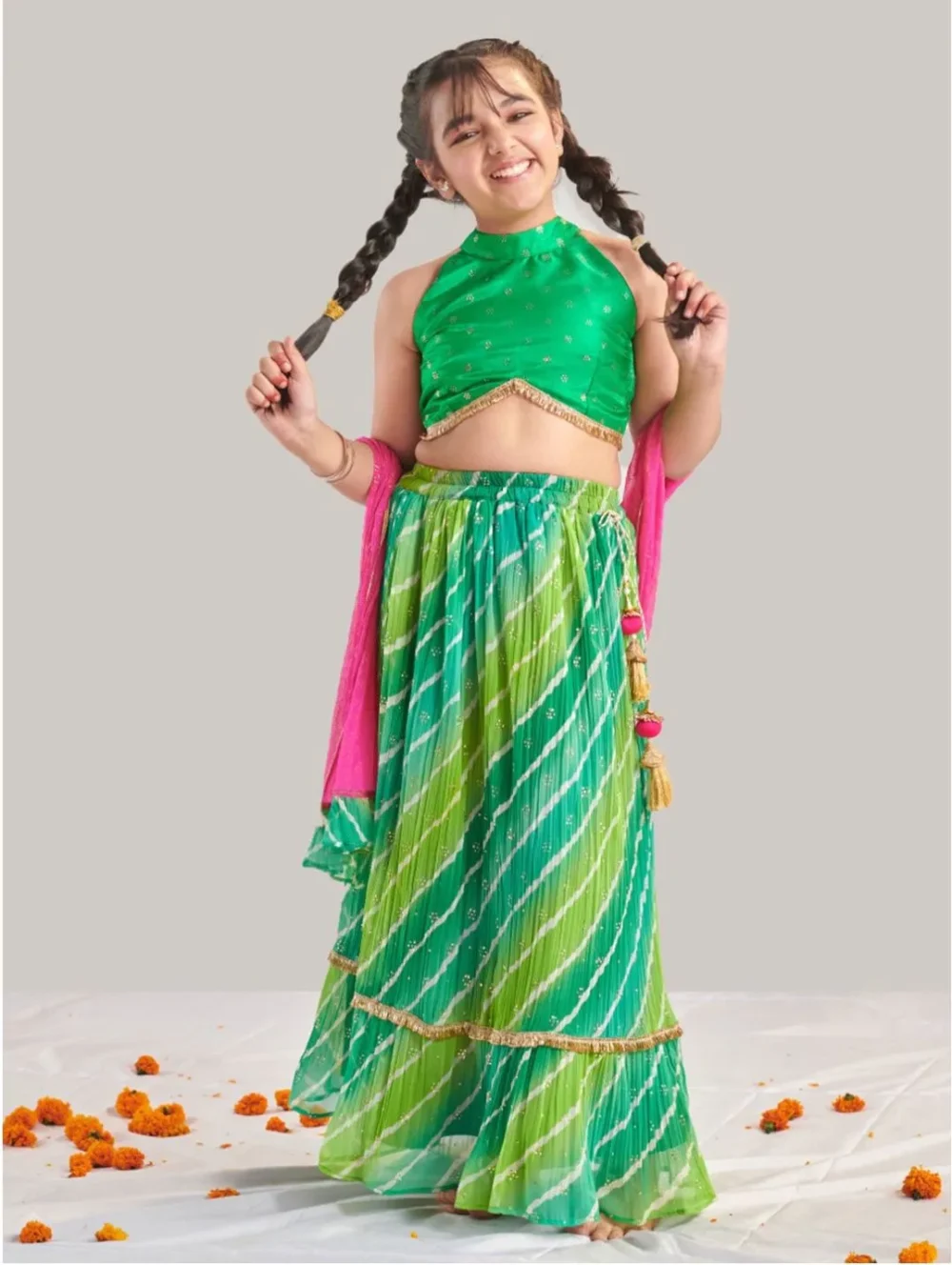 Green multicolor crinkle Lehenga Choli with Dupatta - Image 2